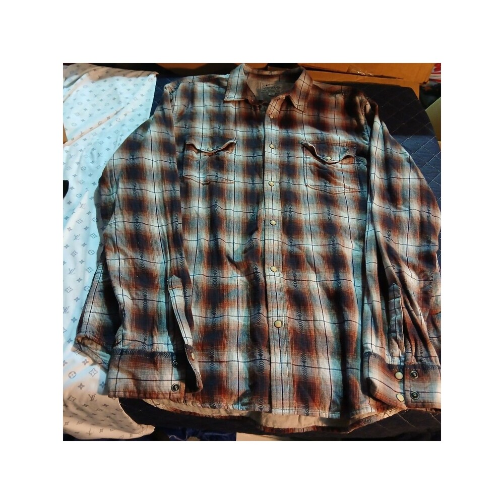 Lucky Brand Western Pearl Snap Shirt Size L Red Plaid Long Sleeve Button Up